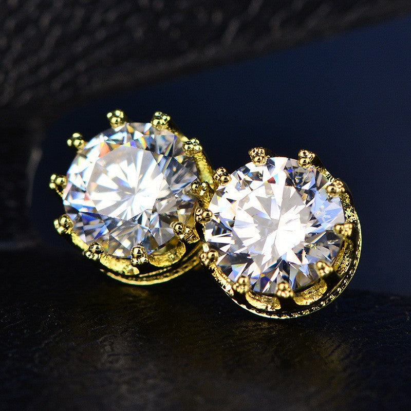 Crown S925 Silver needle Gold plated high carbon diamond stud -RS005G