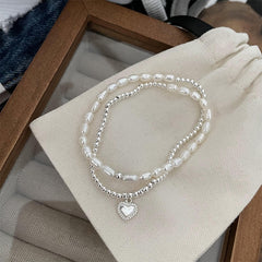 Light Luxury Baroque Pearl Love Silver Bead Double Bracelet -SL0724S