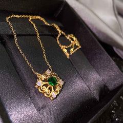 Carved lace necklace Imitation emerald plated 18K gold -PRA042G