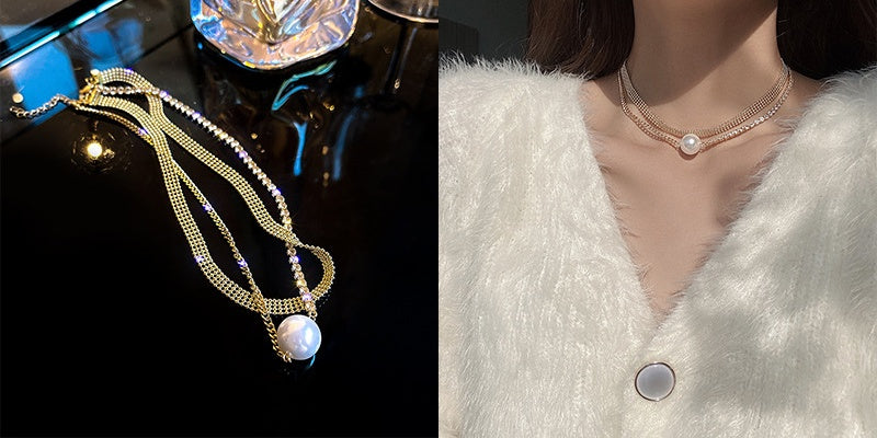 Gold double layer wear flash diamond large pearl necklace -X334G