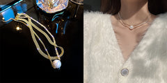 Gold double layer wear flash diamond large pearl necklace -X334G
