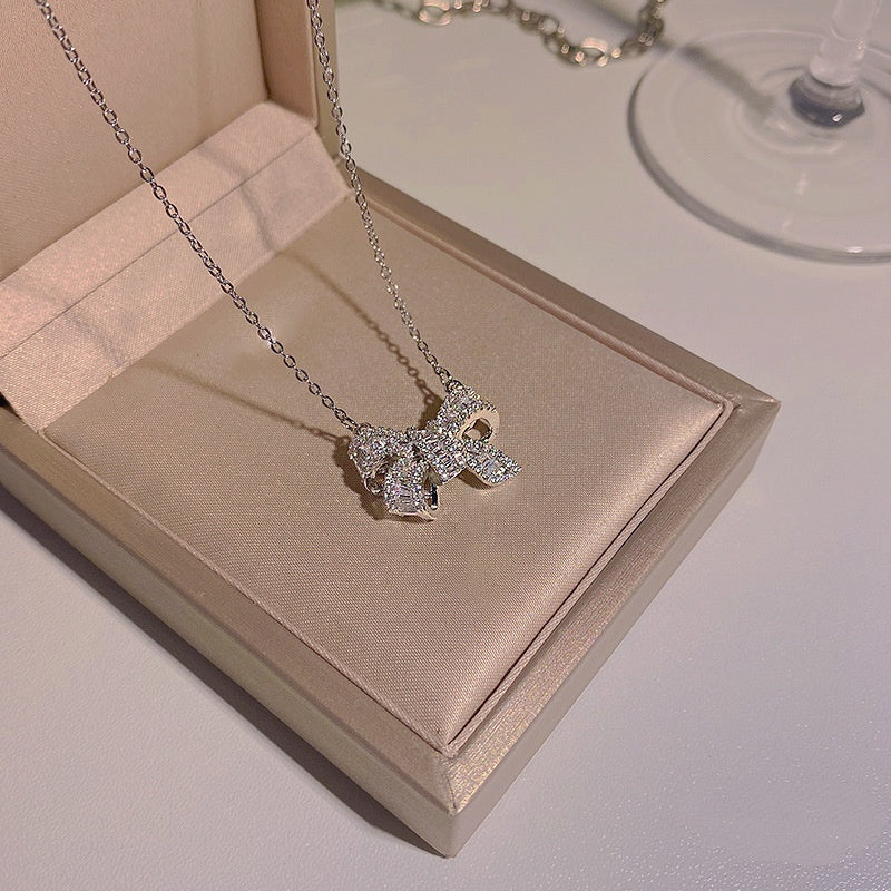 South Korea light luxury micro-inset zircon bow titanium steel necklace -X264S