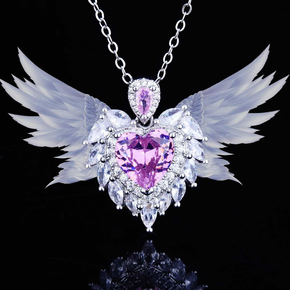 Angel wings Heart purple pendant necklace-D1297PNK