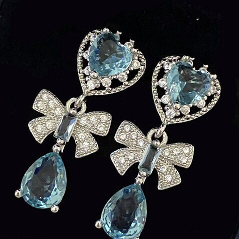 Micro-studded with diamond light sky Blue Bow earrings with heart -RS035