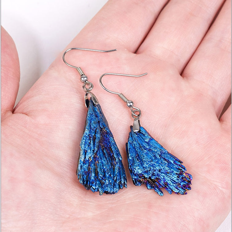 Natural black tourmaline electroplated blue earrings -20200816