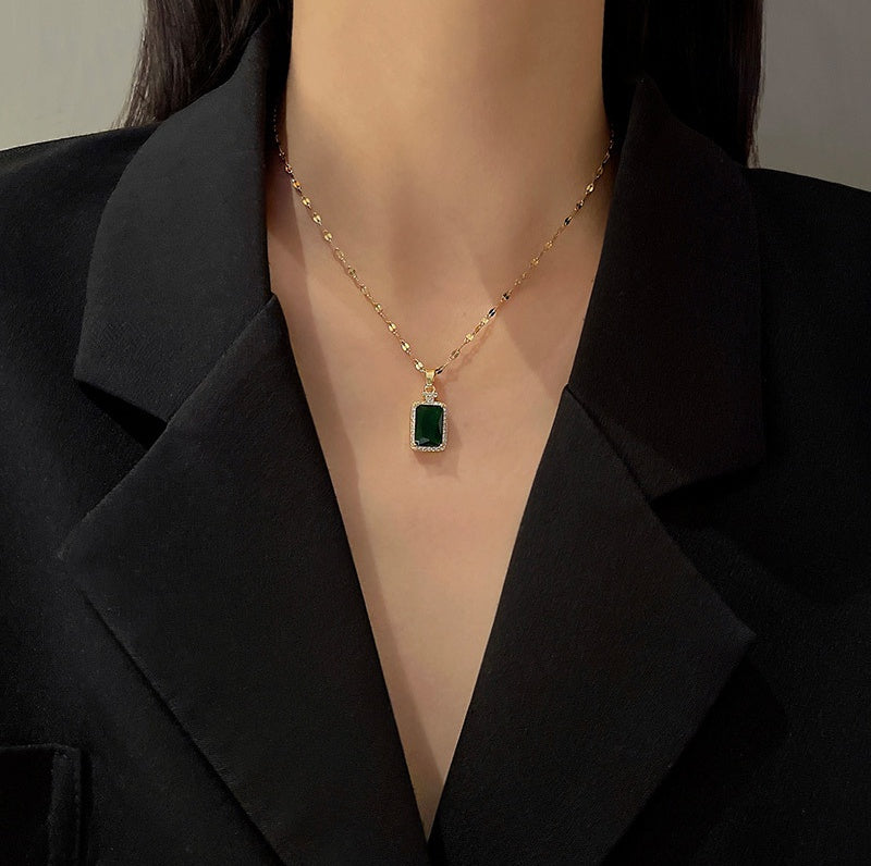 Fashion zircon emerald titanium steel necklace -X841L