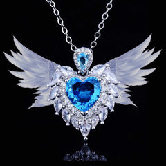 Heart Angel Wings Pendant Imitation Aquamarine Necklace -D1297BLU