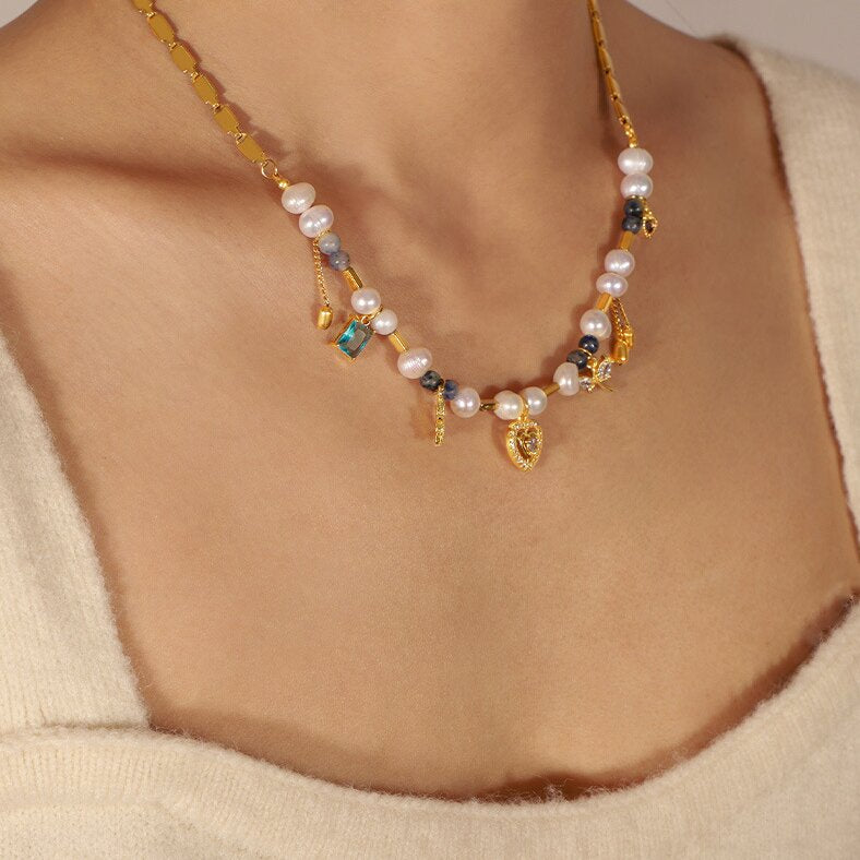 Royal style Gold plated freshwater pearl natural stone necklace-NE319G