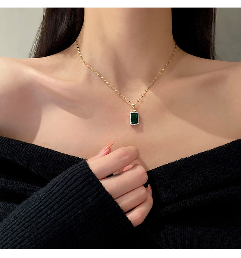 Fashion zircon emerald titanium steel necklace -X841L