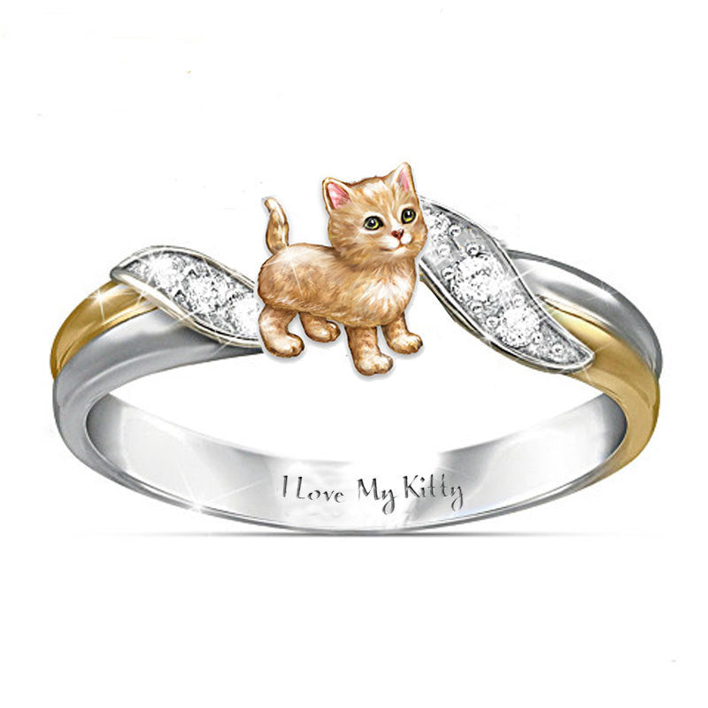 Orange Kitten engraved diamond ring -RG270