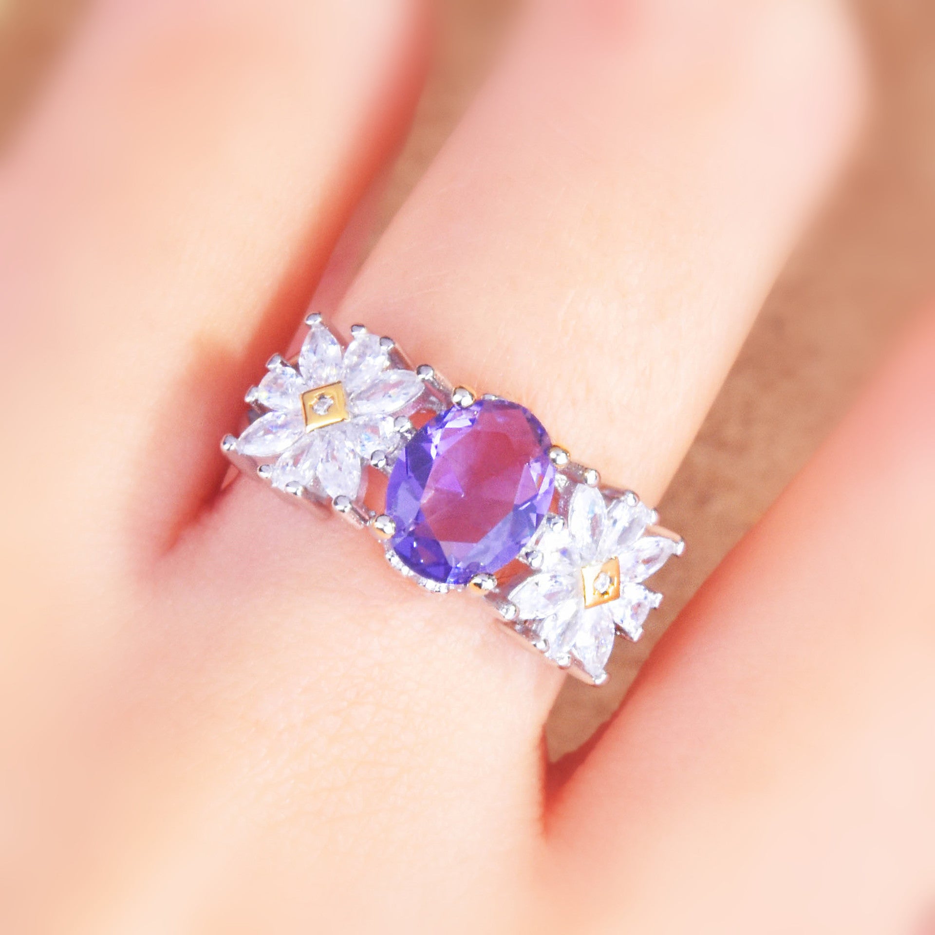 Small Daisy imitation amethyst two-color electroplated color treasure ring -MSR315