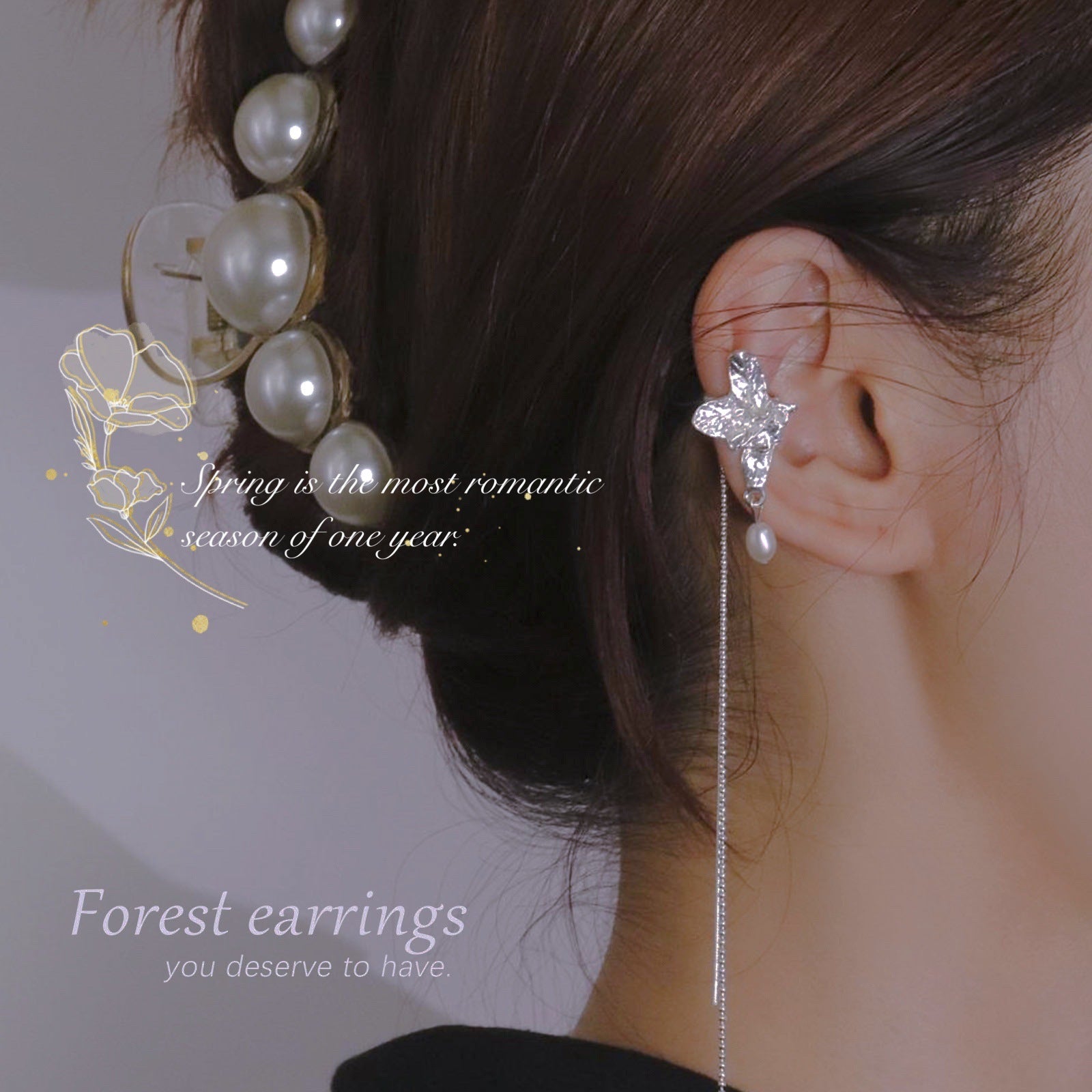 Super Fairy Freshwater Pearl Crystal tassel ear clip -EC259