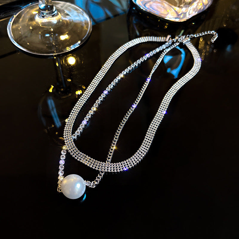 Gold double layer wear flash diamond large pearl necklace -X334G