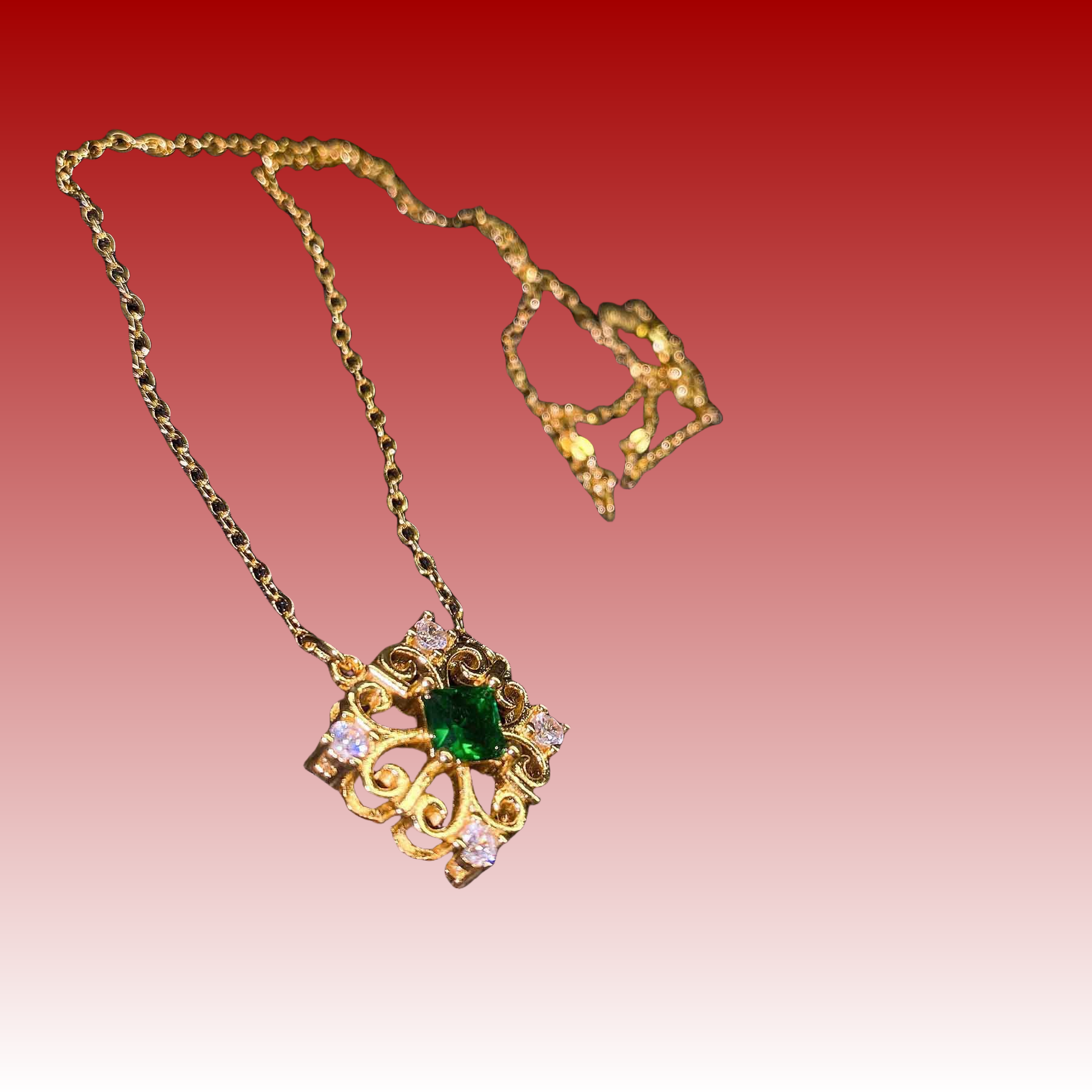 Carved lace necklace Imitation emerald plated 18K gold -PRA042G