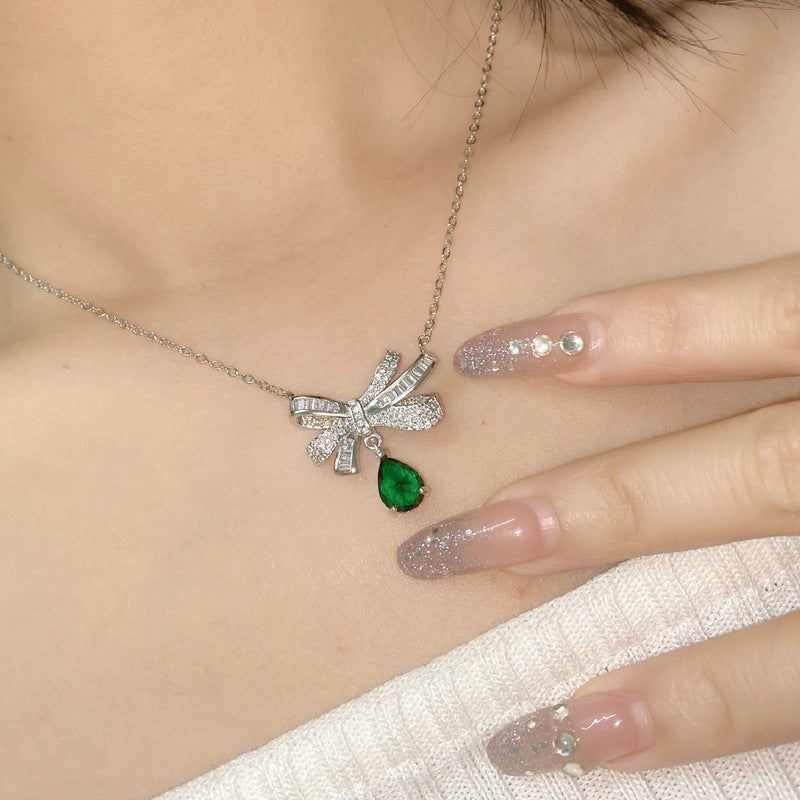 Water Drop green bow diamond necklace -XL006