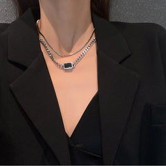 Silver obsidian double chain Overlay necklace -X313S