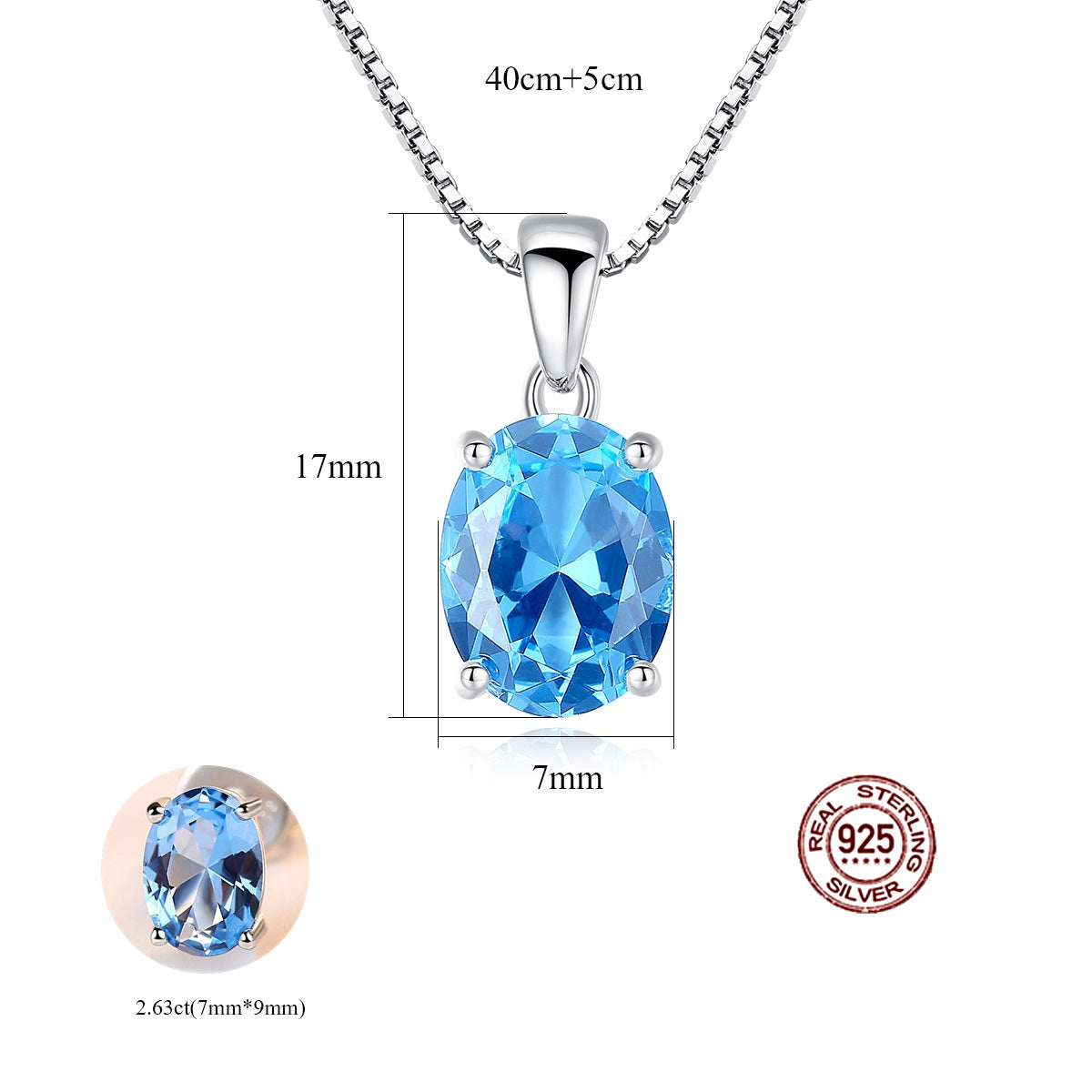 Noble Swiss Blue Topaz (Blue Topaz) November Birthstone s925 Sterling Silver Necklace - SN0104