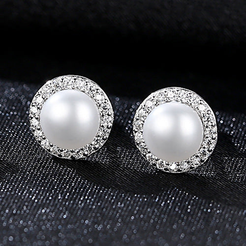 High Quality Natural Freshwater Pearl Diamond s925 Sterling Silver Earrings -FE0085