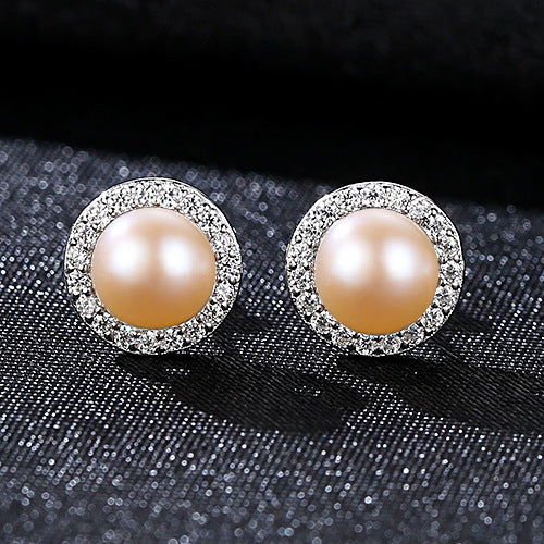 High Quality Natural Freshwater Pearl Diamond s925 Sterling Silver Earrings -FE0085