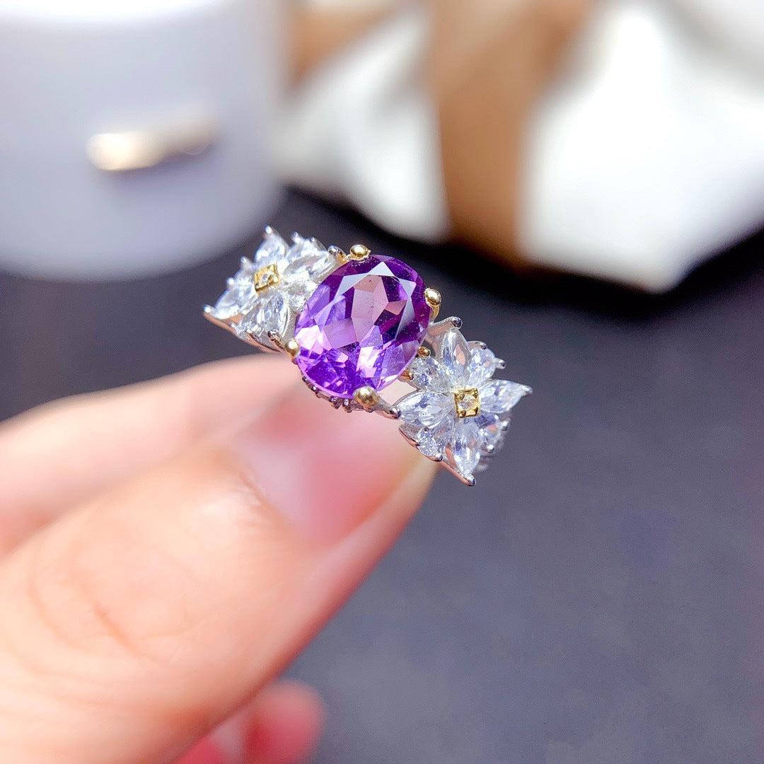 Small Daisy imitation amethyst two-color electroplated color treasure ring -MSR315