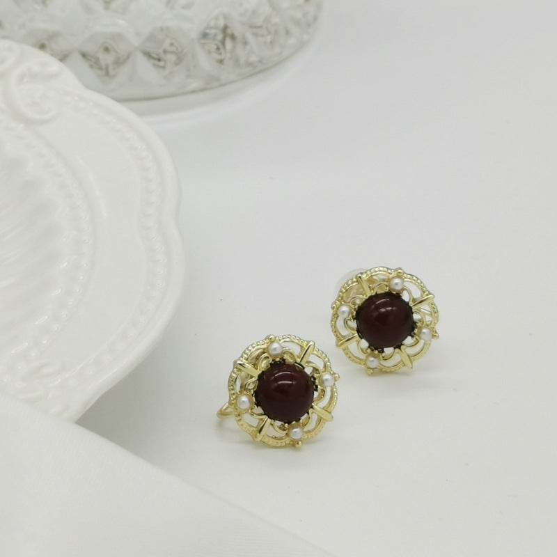 Palace vintage wine red lady elegance flower ear clip -KG006