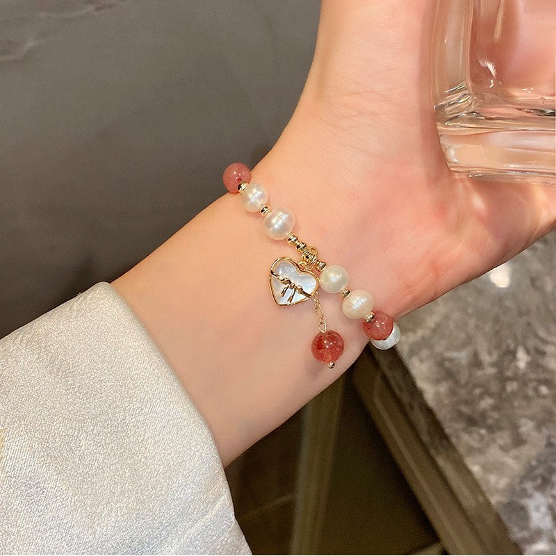 Love Bow Natural Freshwater Pearl Strawberry Crystal Bracelet -S188G