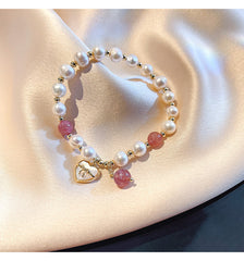 Love Bow Natural Freshwater Pearl Strawberry Crystal Bracelet -S188G