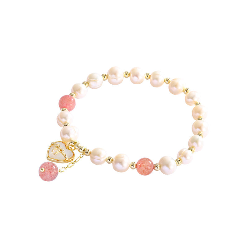 Love Bow Natural Freshwater Pearl Strawberry Crystal Bracelet -S188G