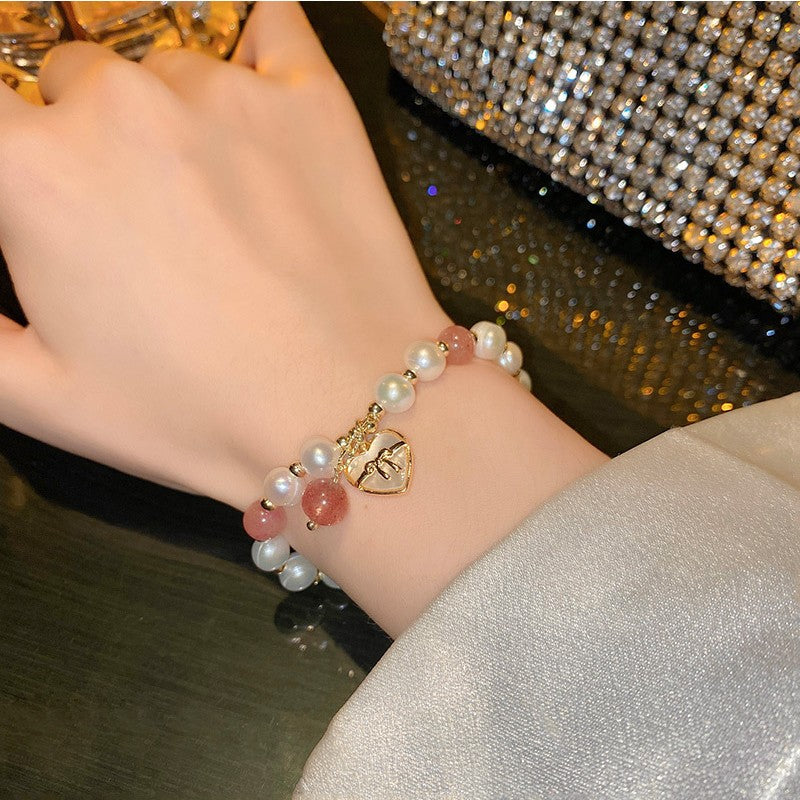 Love Bow Natural Freshwater Pearl Strawberry Crystal Bracelet -S188G