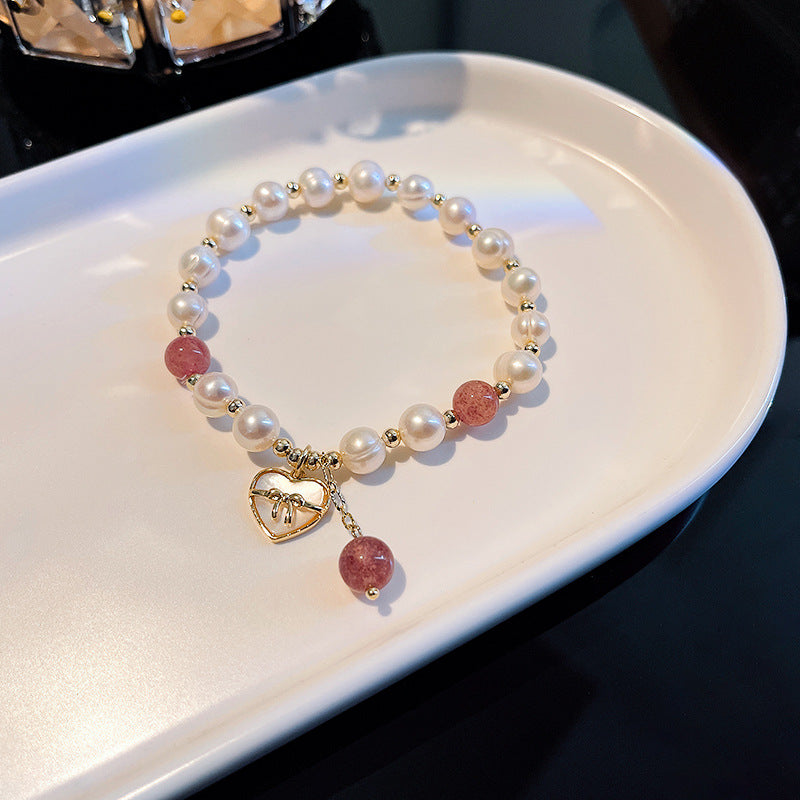 Love Bow Natural Freshwater Pearl Strawberry Crystal Bracelet -S188G