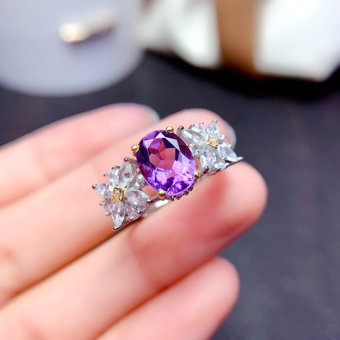 Small Daisy imitation amethyst two-color electroplated color treasure ring -MSR315