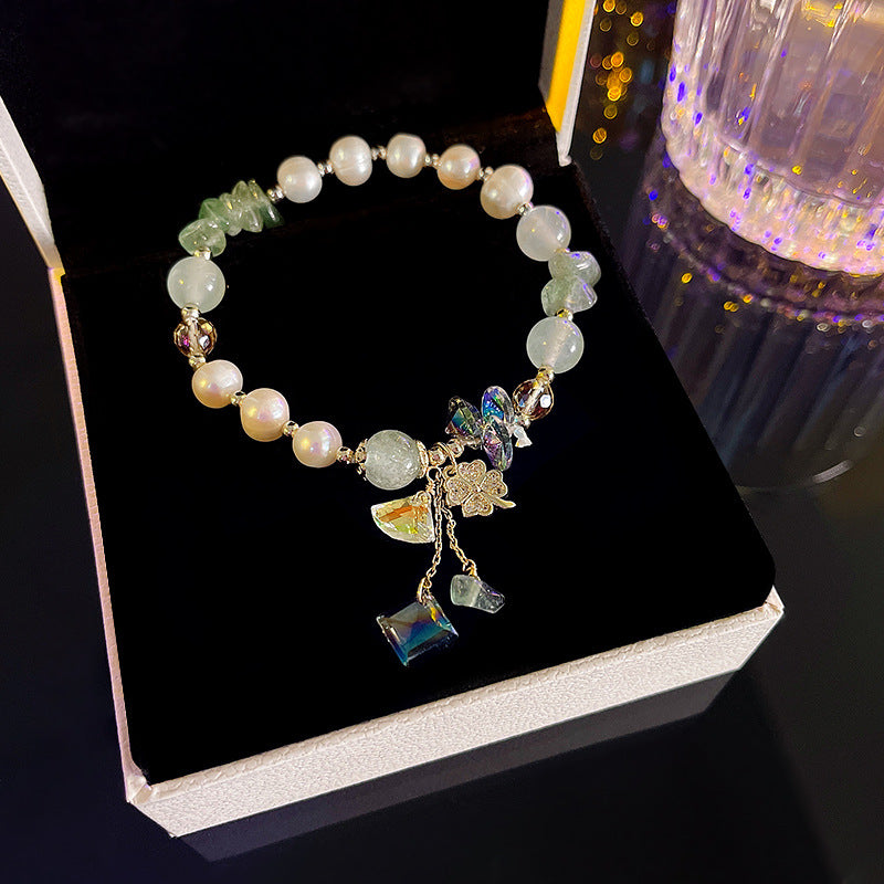 Natural pearl tourmaline green crystal Fortune crystal rabbit snake lucky stone bracelet -S158G