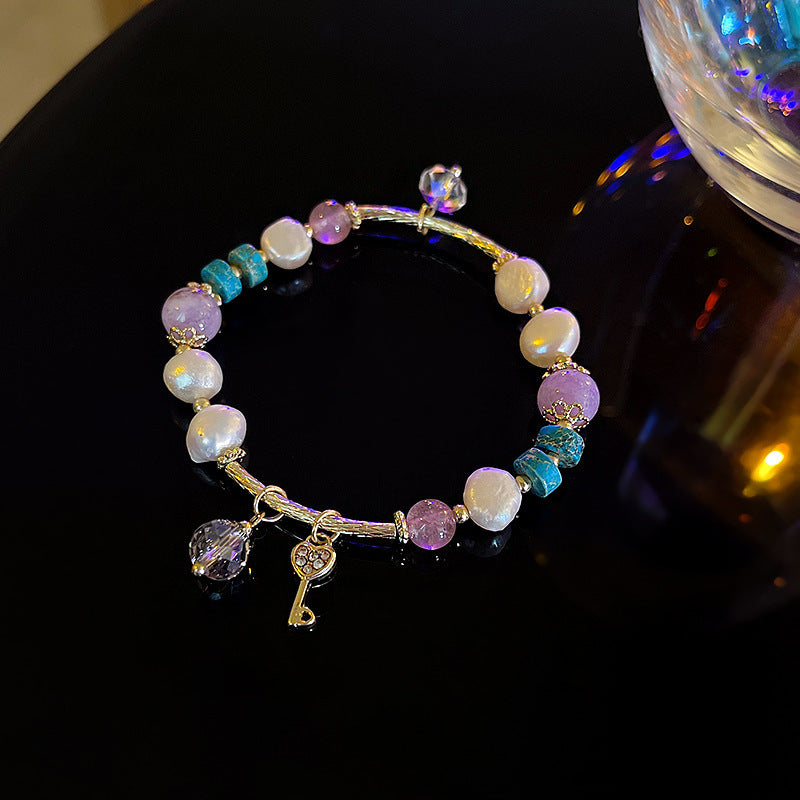 Key of Fortune Natural Pearl Crystal Colorful Gem Bracelet -S153G