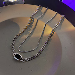 Silver obsidian double chain Overlay necklace -X313S